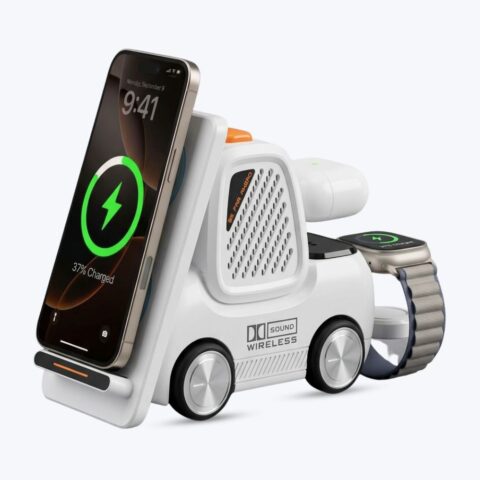 صورة White Wireless Charging Station with Bluetooth Speaker, 4 in 1 Wireless Fast Charger Multiple Devices, Compatible with iPhone16 15 14 13 Pro Max Series, Apple iWatch, Airpods, Android Phones