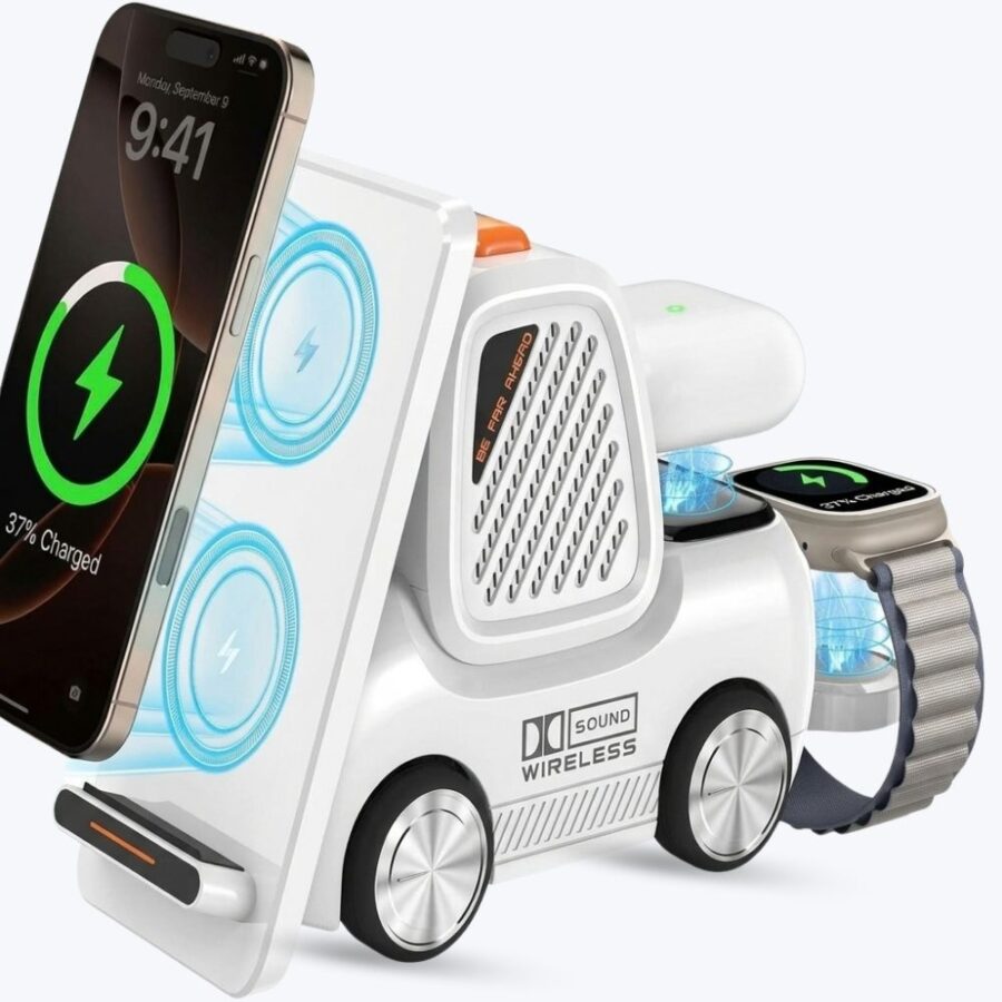 White Wireless Charging Station with Bluetooth Speaker, 4 in 1 Wireless Fast Charger Multiple Devices, Compatible with iPhone16 15 14 13 Pro Max Series, Apple iWatch, Airpods, Android Phones