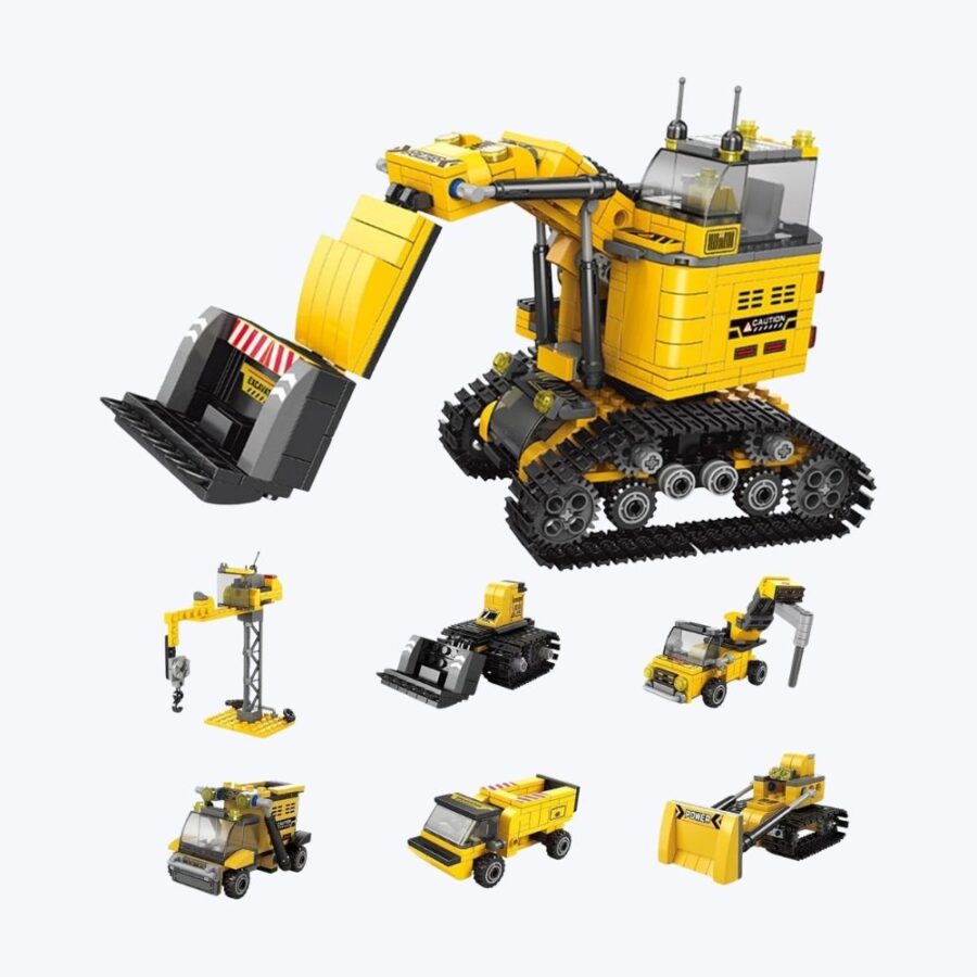 6 in 1 Construction Vehicle Building Block Toy Set Include Bulldozer,Tracked Excavator,Crane,Digger,Dump Truck Toy,Gift for Boys & Girls
