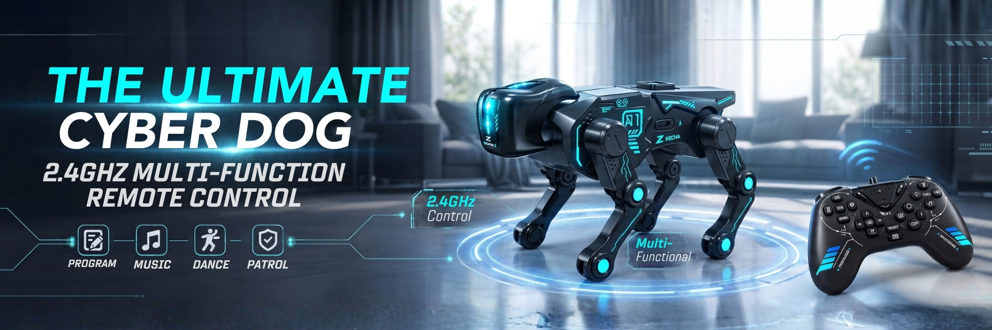 AI Intelligent Mechanical Radio-controlled robot dog, music, sound, light, rides, dances, - Black