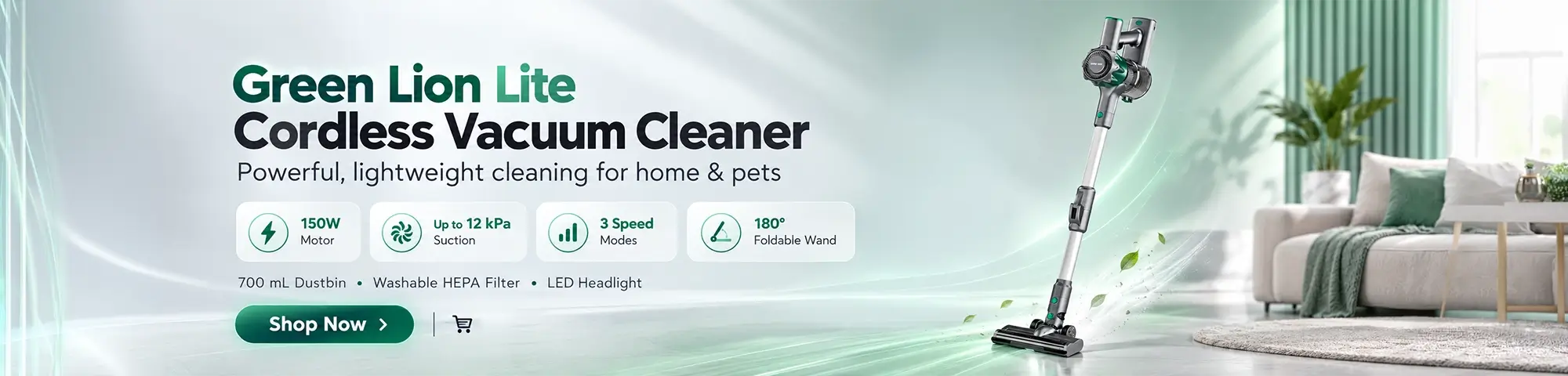 Lite Cordless Vacuum Cleaner for Home & Pets, 150W 12kPa 3-Speed Motor, 180° Foldable Wand, 2-in-1 Crevice Tool, Digital Display, 700ml Capacity, Washable HEPA Filter, LED Headlight