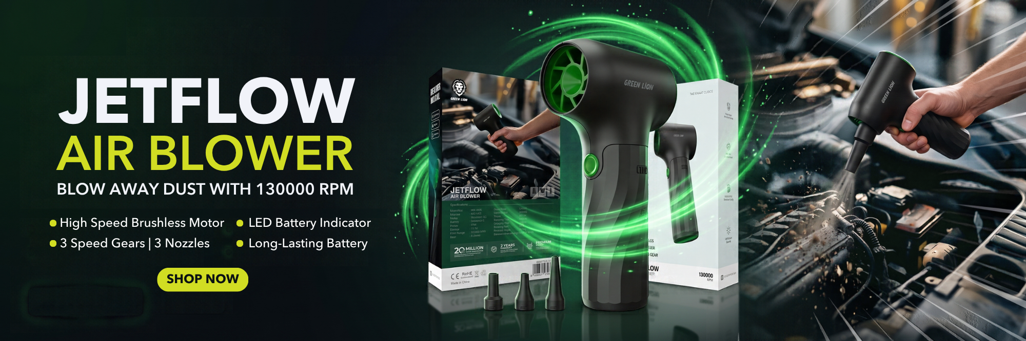 Green Lion Jetflow Air Blower | Best For Car Dashboard Cleaning & Accessories | Long-Lasting Battery Capacity