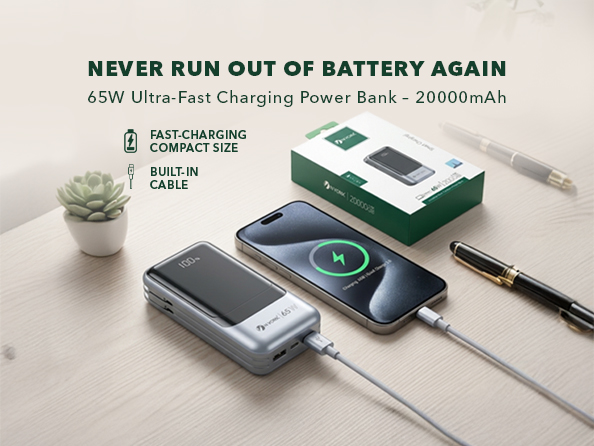 65W Fast-Charging Power Bank Small Size | Capacity 20,000mAh | LED Indicator